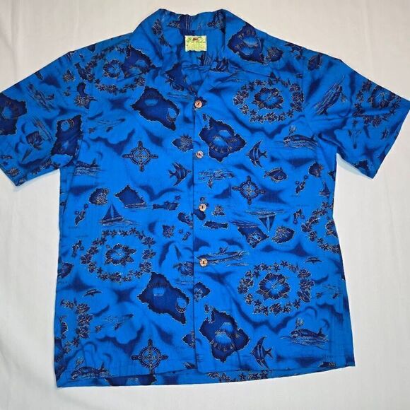 VINTAGE UI-MAIKAI COTTON HAWAIIAN SHIRT BLUE GOLD ISLANDS MENS SIZE MEDIUM - Picture 1 of 5